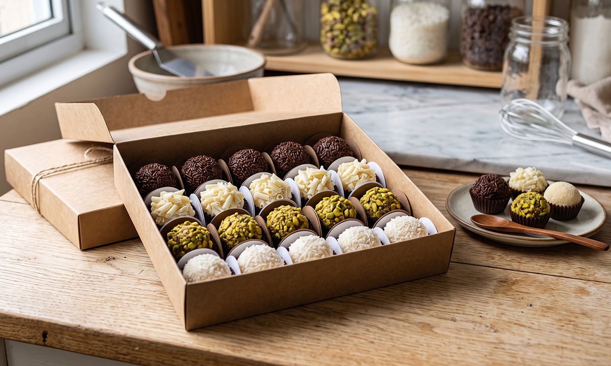 Caixa com brigadeiros gourmet artesanais preparados para venda.