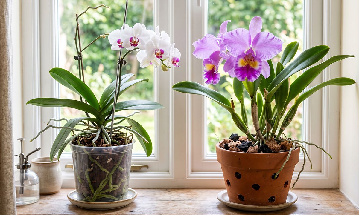 Orquídeas saudáveis cultivadas em vasos próximos a uma janela clara