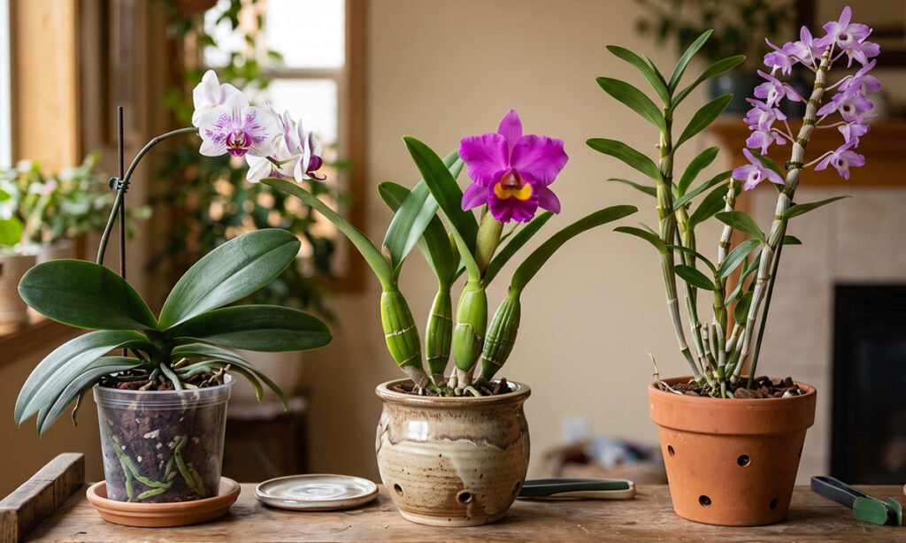 Phalaenopsis, Cattleya e Dendrobium mostrando diferentes formas de crescimento das orquídeas