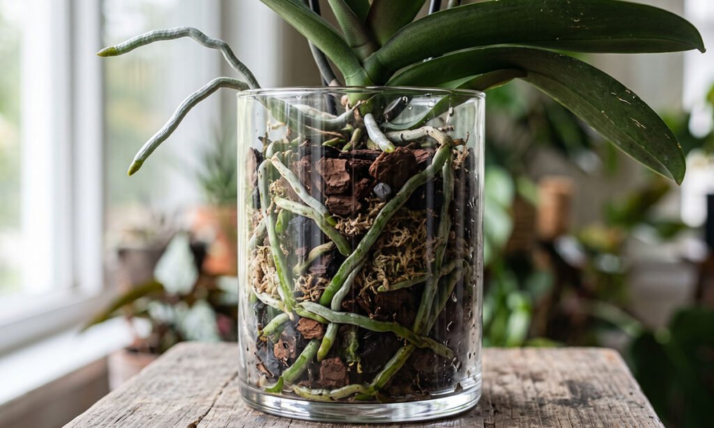 Raízes saudáveis e raízes aéreas de uma orquídea Phalaenopsis