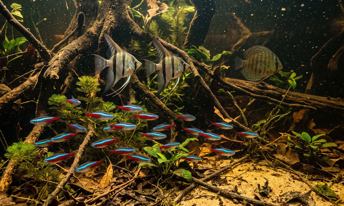 Cardinais, acará-bandeira e acará-disco representando peixes ornamentais brasileiros