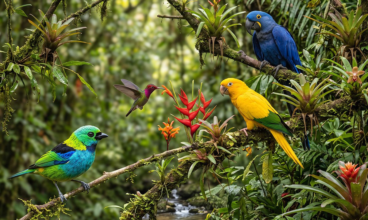 Saíra-sete-cores, ararajuba, arara-azul e beija-flor entre aves de cores marcantes do Brasil