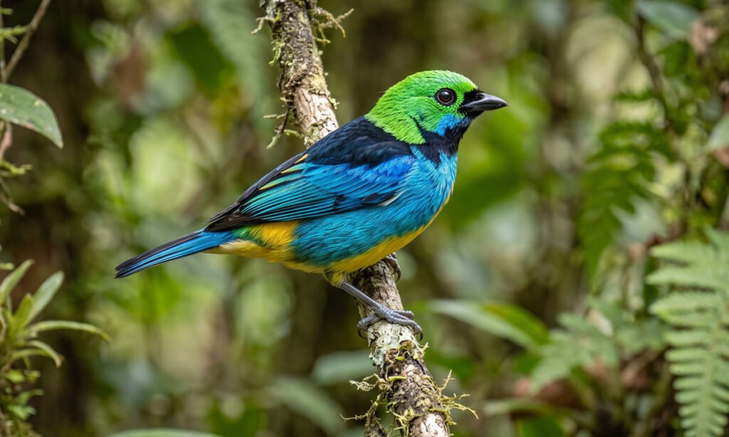 Saíra-sete-cores pousada em galho mostrando sua plumagem multicolorida