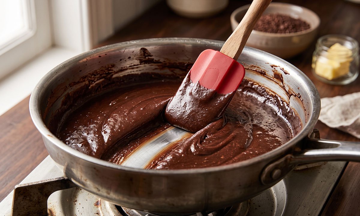 Brigadeiro gourmet chegando ao ponto de enrolar enquanto a espátula revela o fundo da panela.