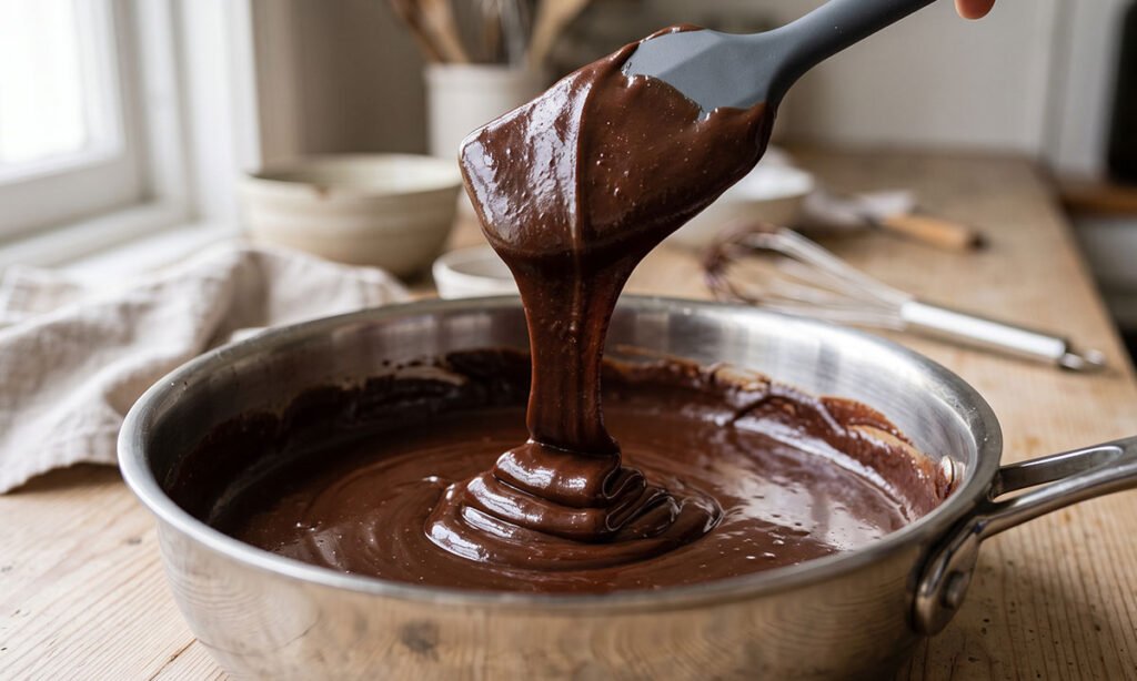 Brigadeiro gourmet espesso caindo lentamente da espátula durante o preparo.
