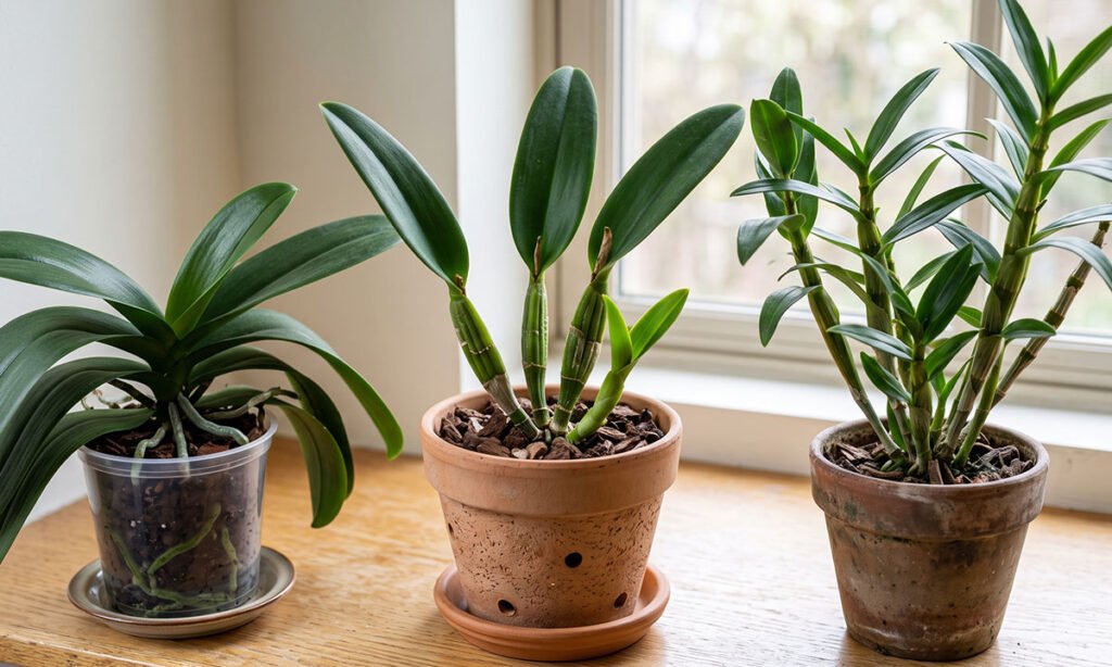Phalaenopsis, Cattleya e Dendrobium apresentando diferentes formas de crescimento