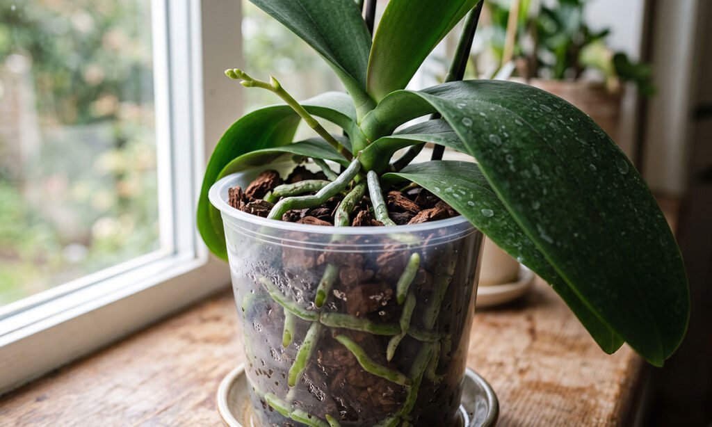 Nova haste floral surgindo em uma Phalaenopsis com raízes saudáveis
