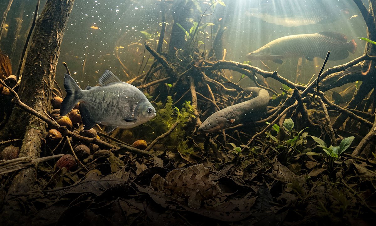 Pirarucu, poraquê, peixe-folha e tambaqui representando adaptações dos peixes da Amazônia