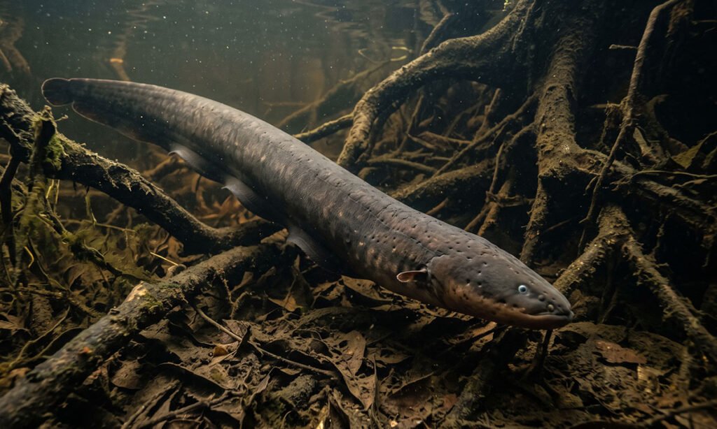 Poraquê nadando entre raízes em ambiente natural amazônico