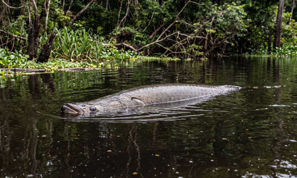 Pirarucu subindo à superfície de lago amazônico para respirar