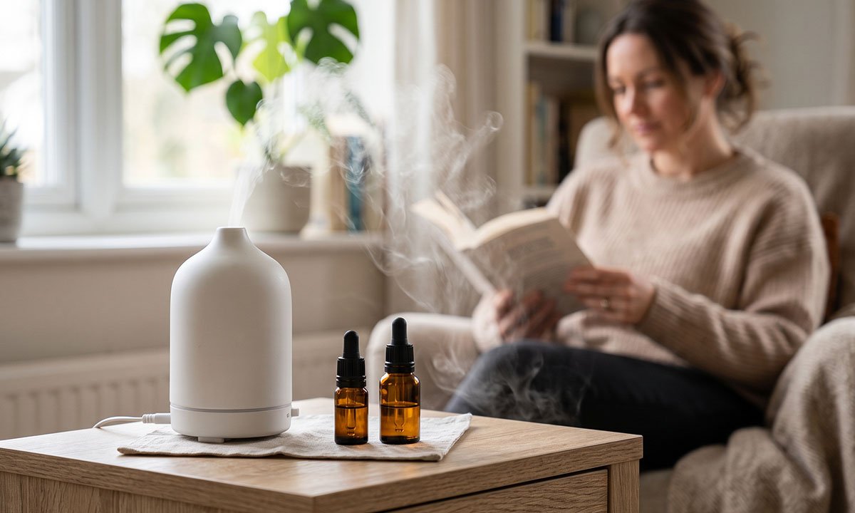 Difusor e frascos de óleos essenciais em ambiente tranquilo de aromaterapia