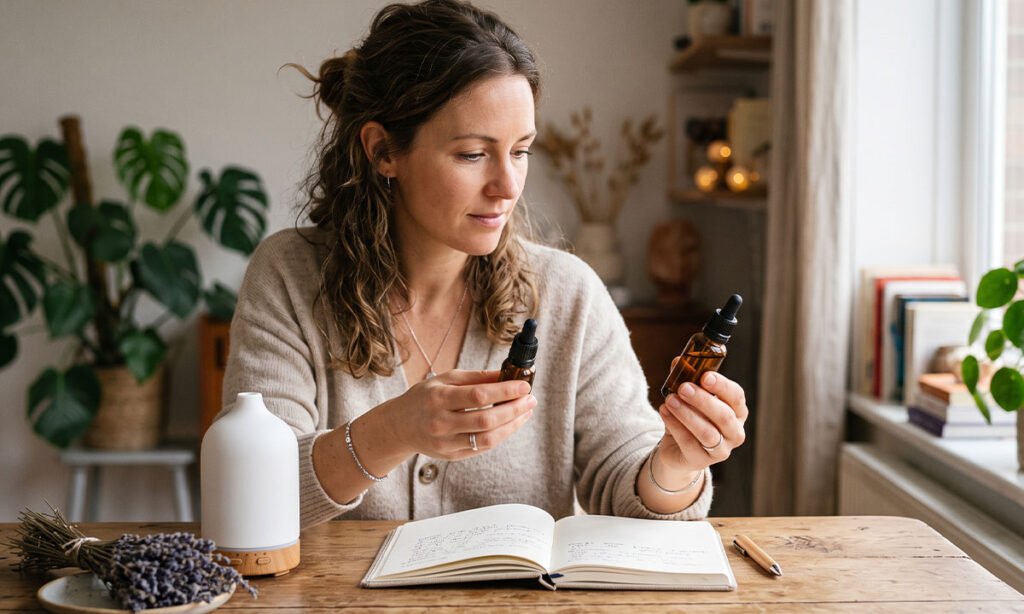 Massagem com produto aromático diluído em contexto de autocuidado