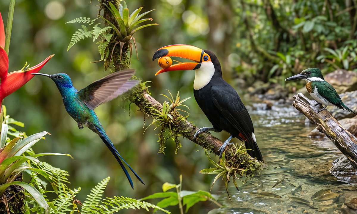 Aves brasileiras utilizando diferentes fontes de alimento na natureza