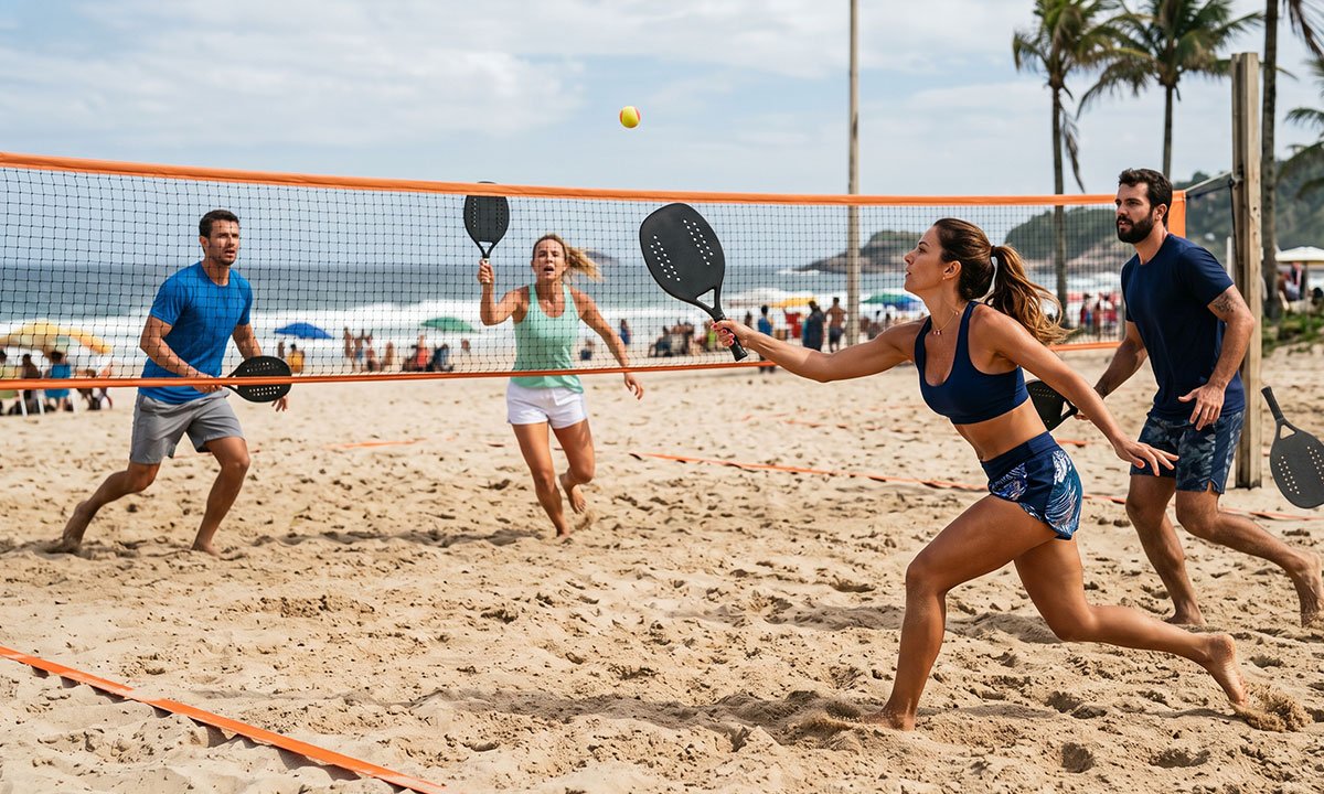 Jogadores praticando Beach Tennis em dupla durante uma partida na areia