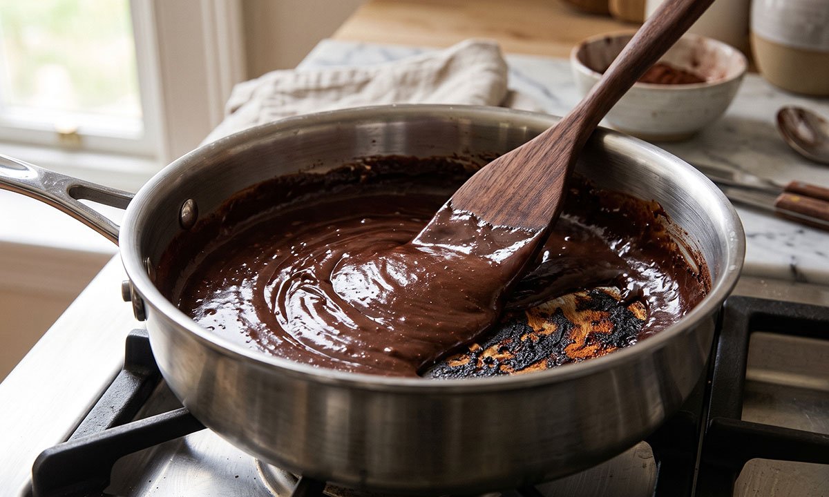 Brigadeiro gourmet sendo preparado na panela com sinais de atenção ao controle do fogo.