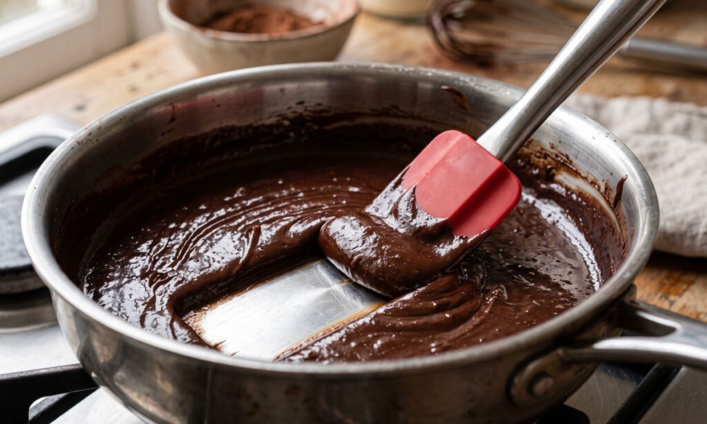 Brigadeiro gourmet sendo mexido corretamente durante o cozimento.