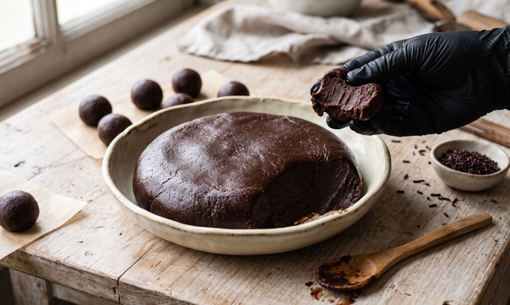 Massa de brigadeiro gourmet resfriada e com textura adequada para enrolar.