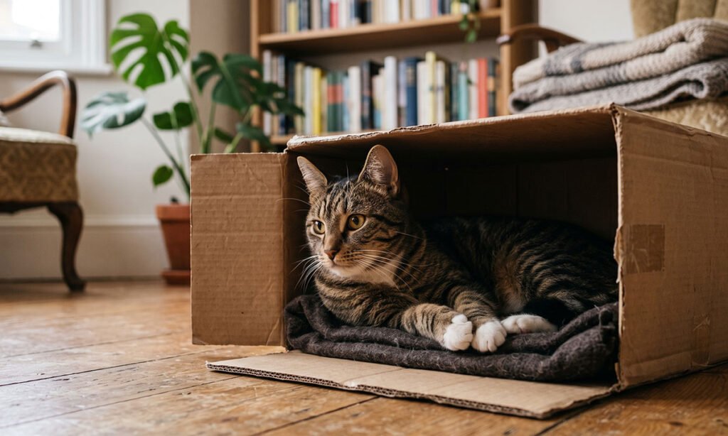 Gato utilizando uma caixa como esconderijo em local tranquilo