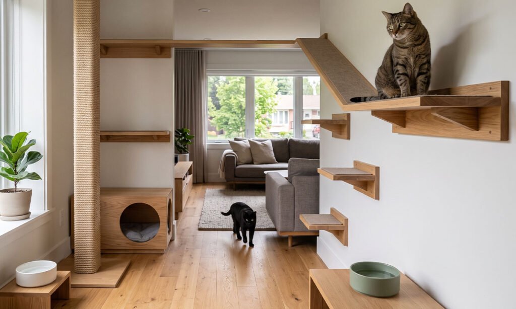 Gato observando a casa de um ponto elevado com recursos distribuídos no ambiente