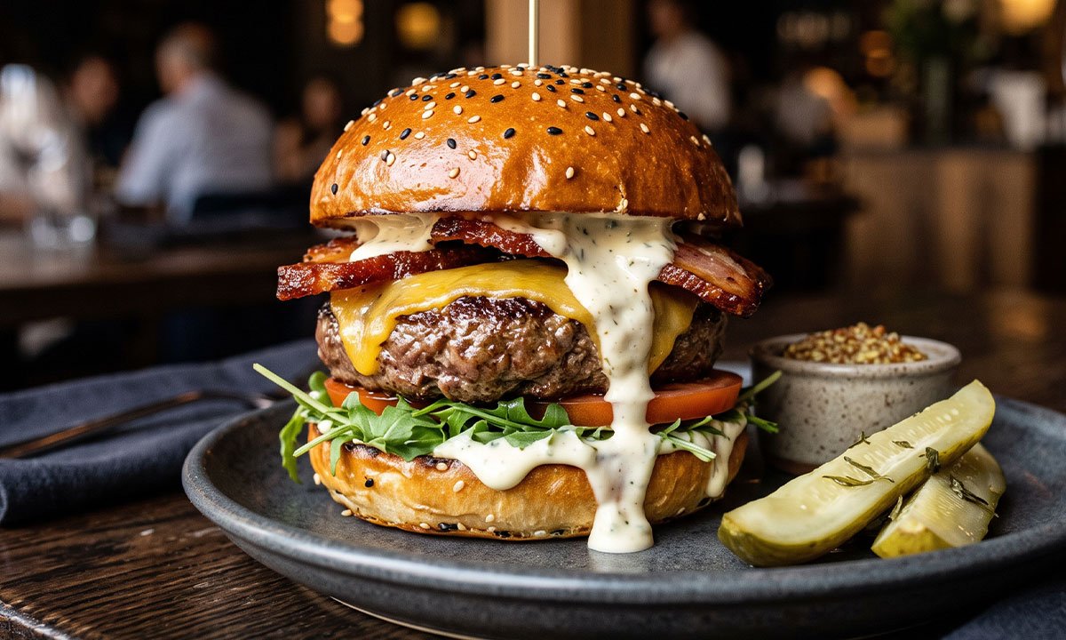Hambúrguer com queijo, bacon e molho cremoso em excesso ilustrando uma montagem que pode ficar enjoativa.