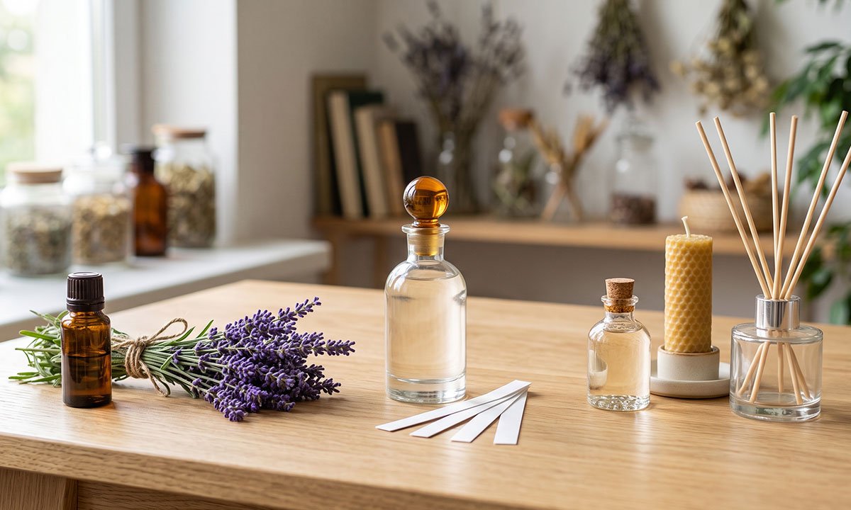 Óleo essencial, fragrância e essência representados por diferentes produtos aromáticos