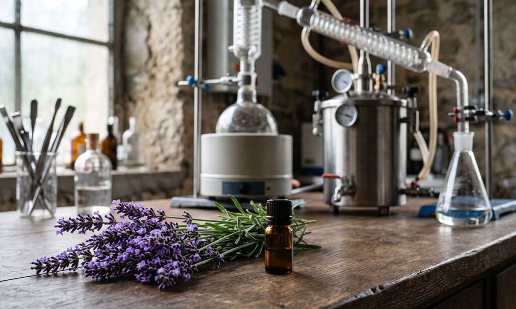 Lavanda e frasco de óleo essencial com equipamento de destilação ao fundo