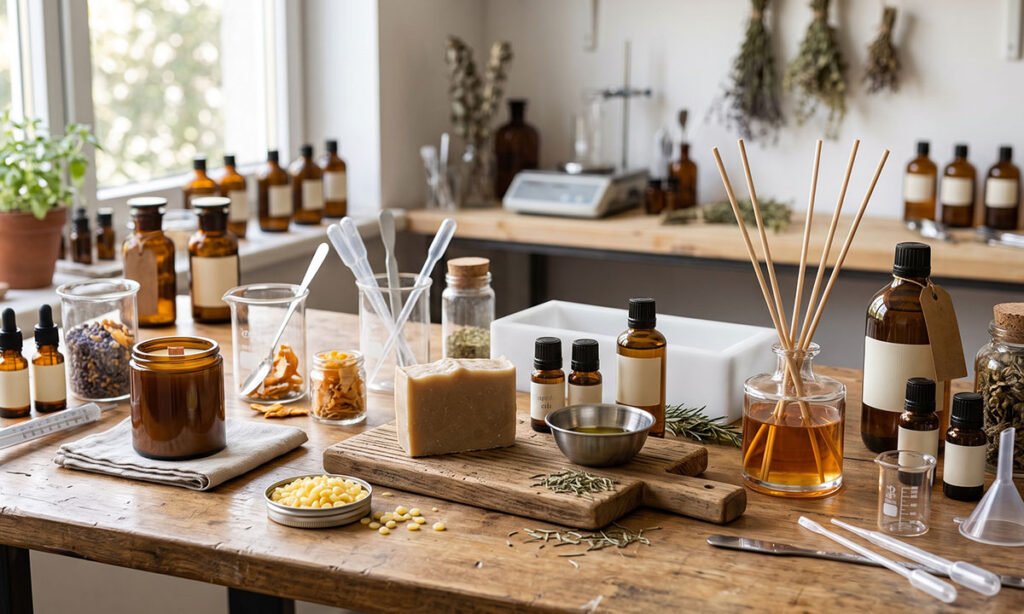 Vela, sabonete e aromatizador mostrando diferentes aplicações de essências e fragrâncias