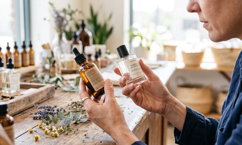 Pessoa conferindo rótulos de produtos aromáticos antes de escolher