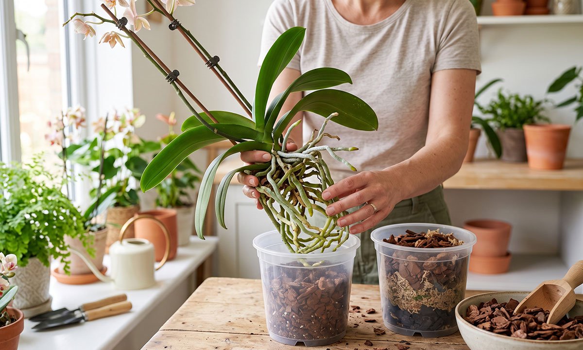 Orquídea Phalaenopsis sendo preparada para troca de vaso e substrato