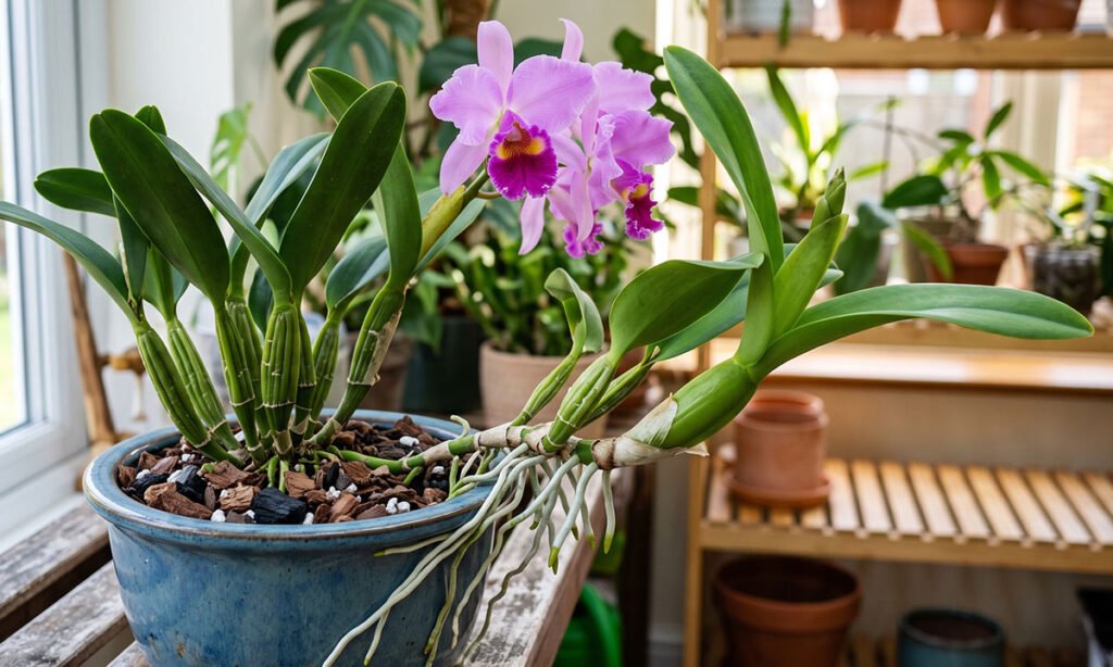 Cattleya com novo crescimento chegando à borda do vaso