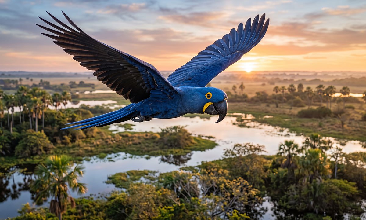 Arara-azul-grande voando sobre uma paisagem do Pantanal
