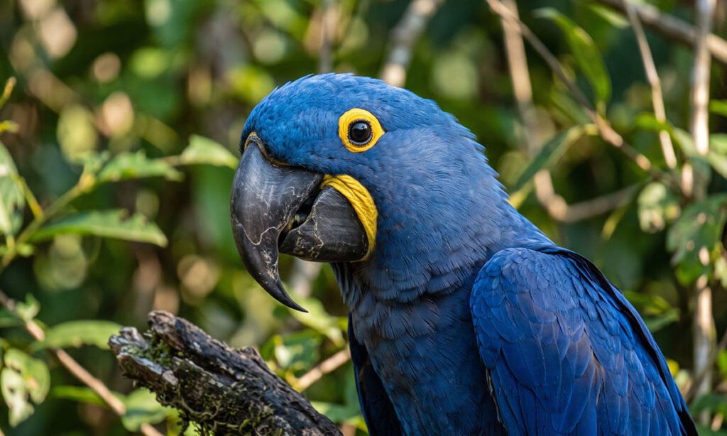 Detalhe da cabeça da arara-azul-grande com bico preto e regiões amarelas na face