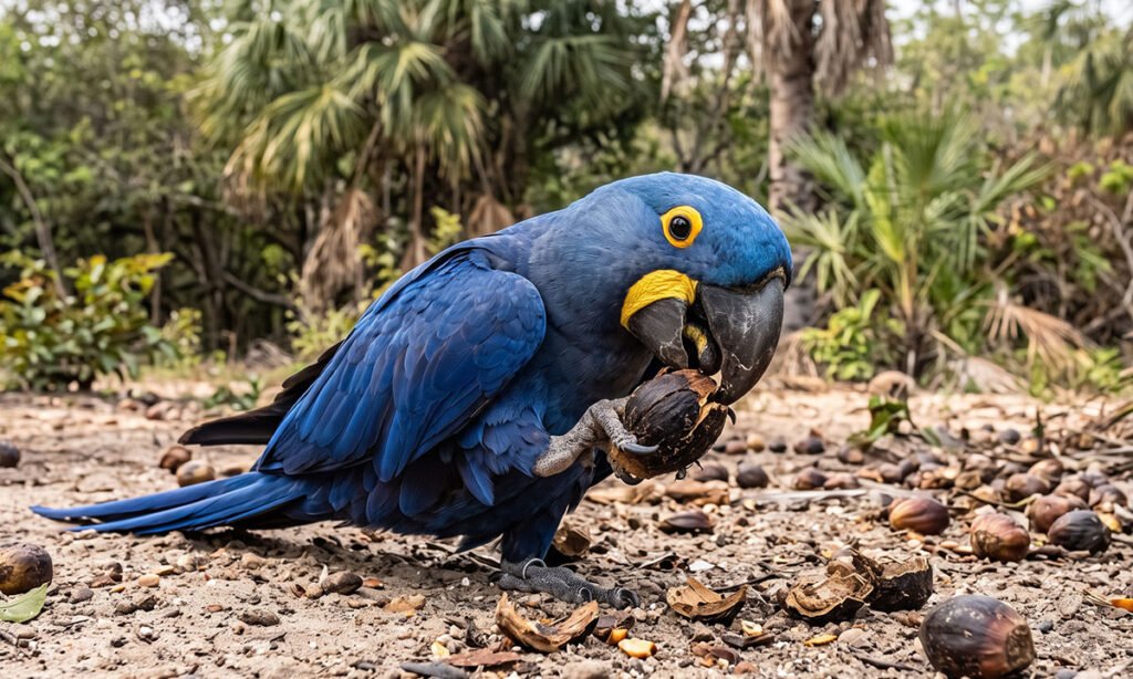 Arara-azul-grande quebrando uma castanha de palmeira com o bico