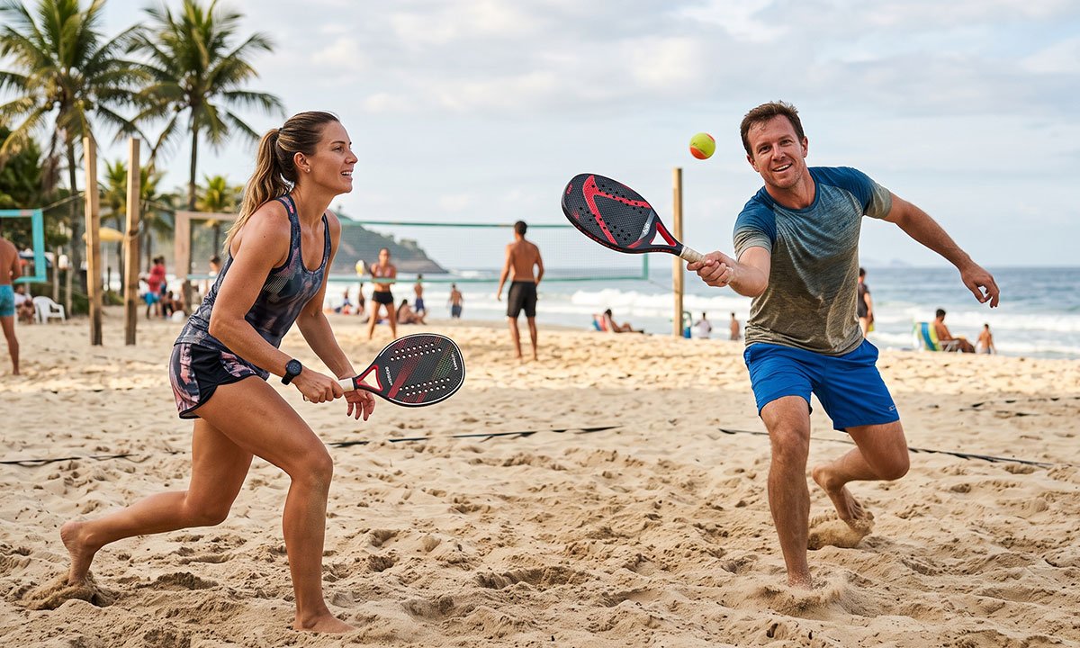 Jogadores praticando Beach Tennis durante uma partida na areia