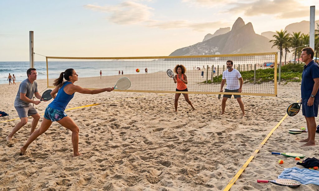 Jogadores de diferentes níveis praticando Beach Tennis em uma aula