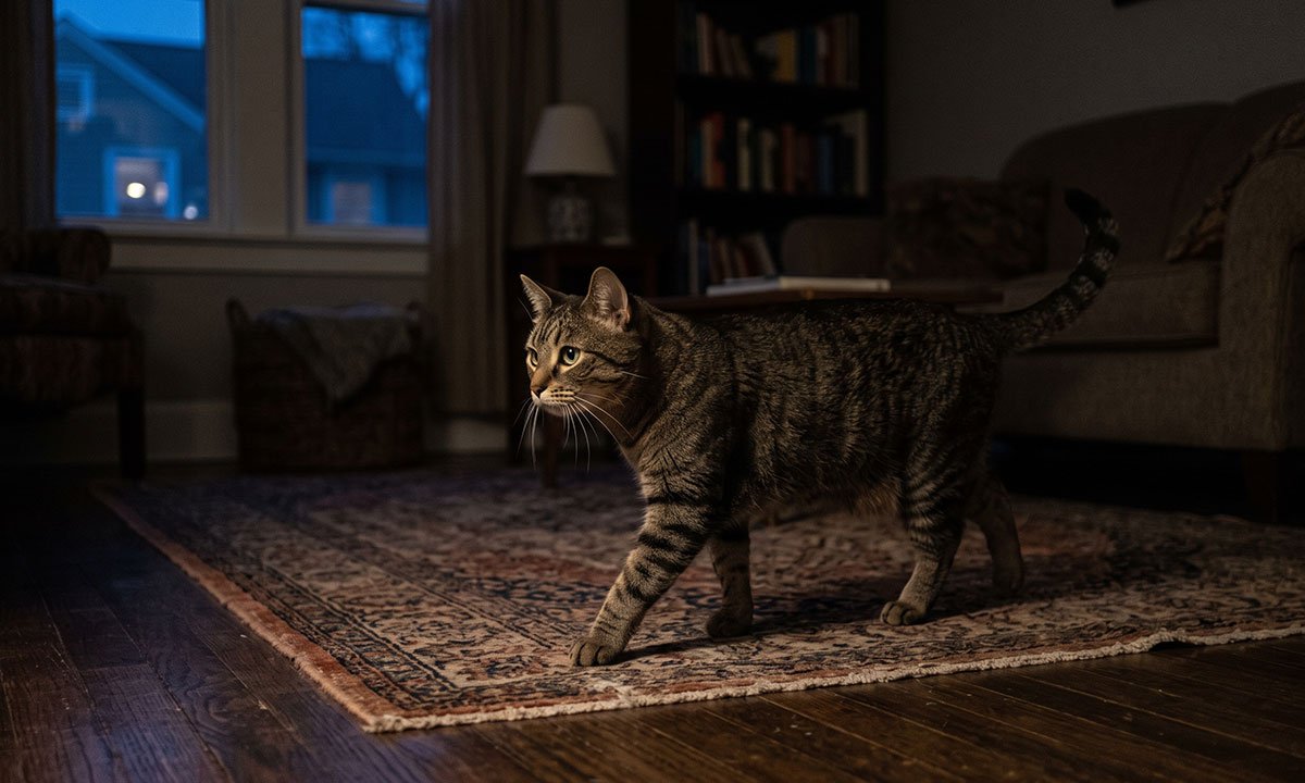 Gato atento usando visão, audição e bigodes para observar o ambiente