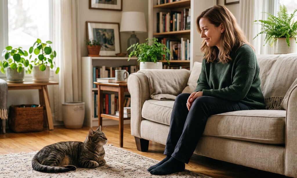 Gato relaxado durante interação de piscar lento com sua tutora