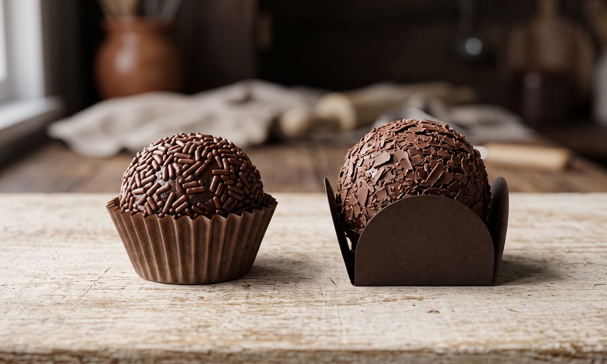 Brigadeiro tradicional e brigadeiro gourmet lado a lado mostrando diferenças de acabamento e apresentação.