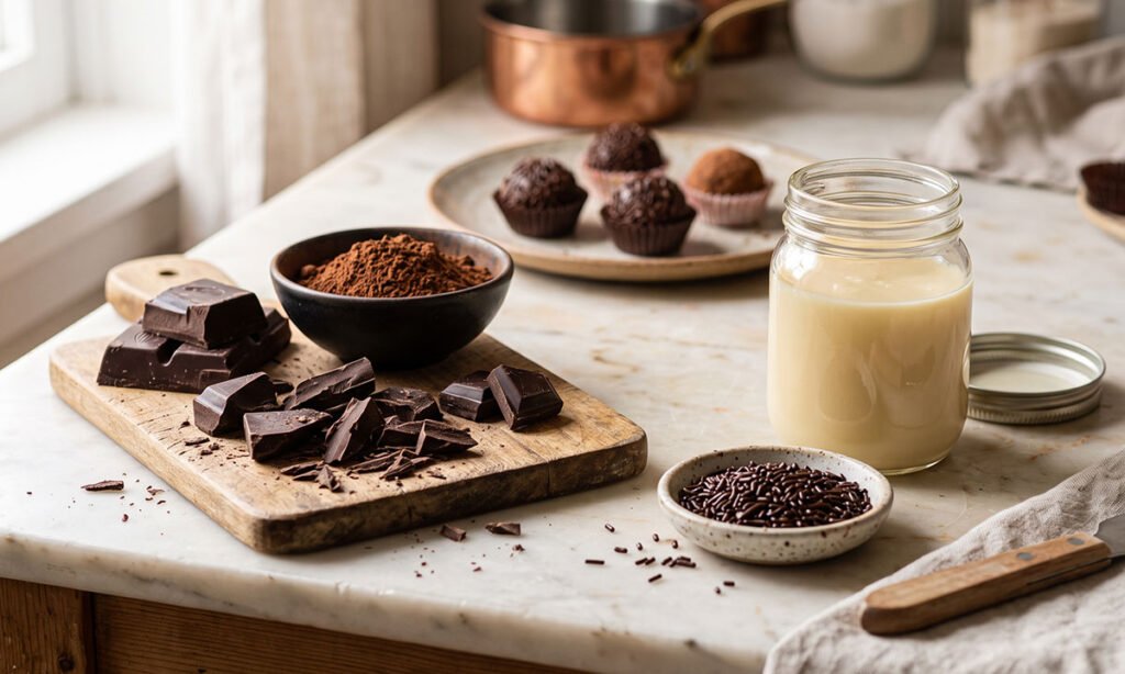 Ingredientes utilizados no preparo de brigadeiro gourmet de chocolate.