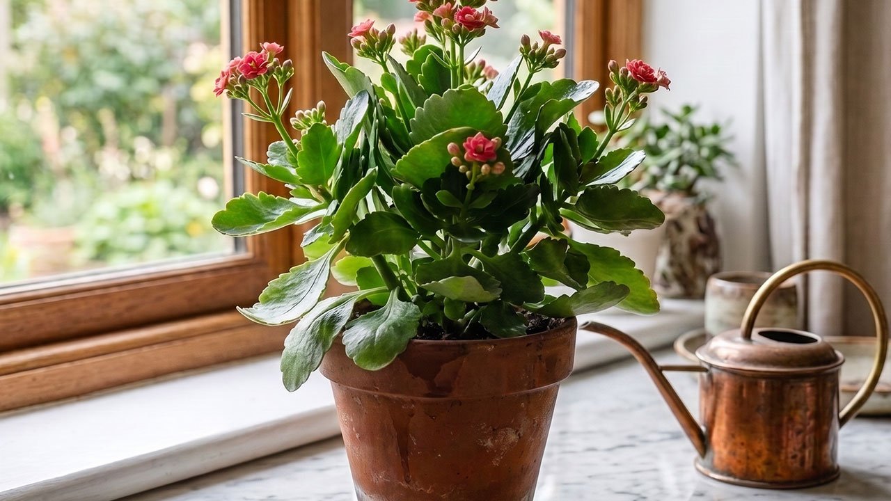 Kalanchoe em vaso apresentando sinais de cuidados inadequados