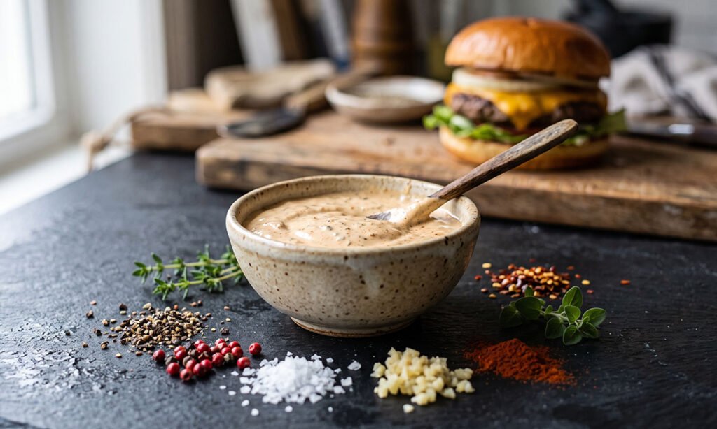 Ingredientes aromáticos e picantes usados em pequenas quantidades no preparo de molho para hambúrguer.