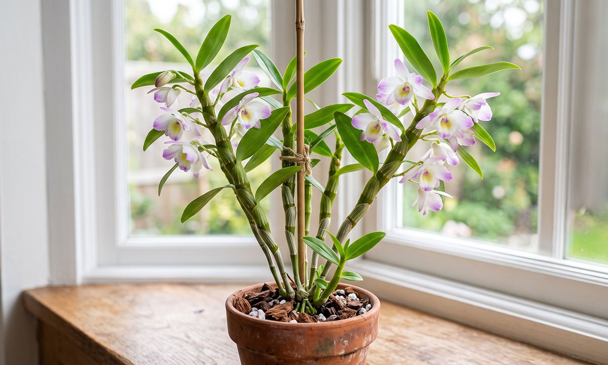 Orquídea Dendrobium saudável com canas maduras, flores e novo broto