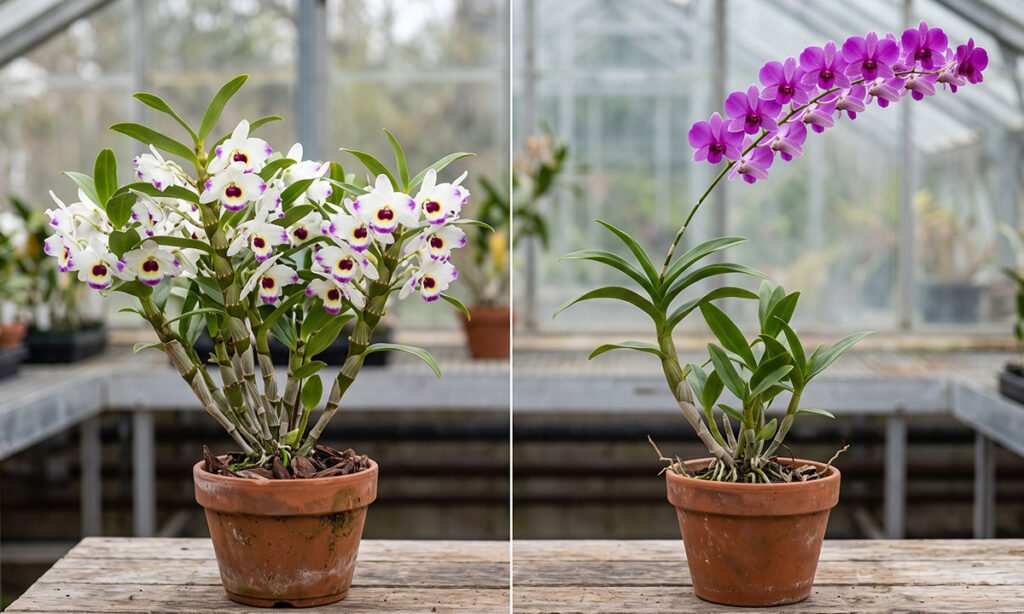 Dendrobium tipo nobile e Dendrobium tipo Den-phal mostrando formas diferentes de floração