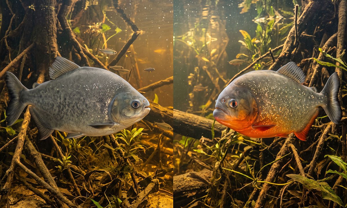 Pacu-caranha e piranha-vermelha vistos de perfil para comparação