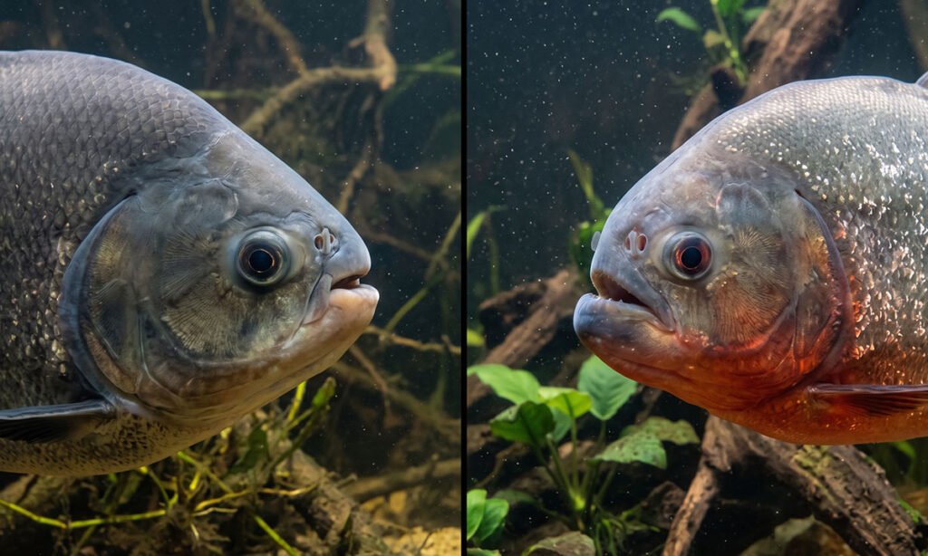 Pacu-caranha e piranha-vermelha vistos de perfil para comparação