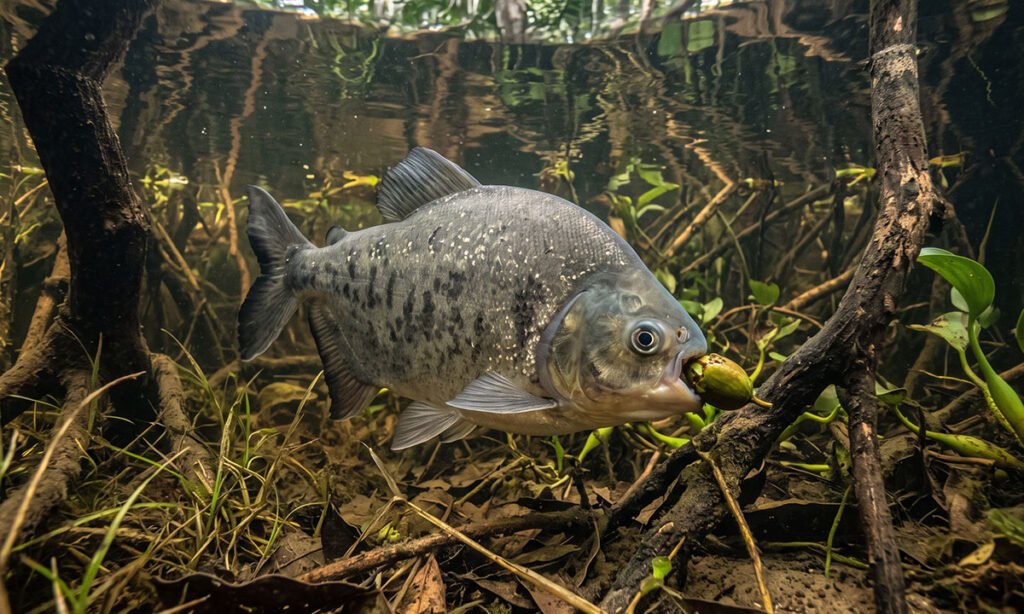 Pacu-caranha e piranha-vermelha vistos de perfil para comparação