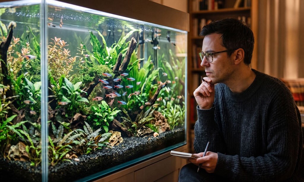 Comportamento dos peixes sendo observado após uma perda no aquário