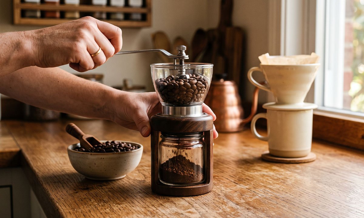 Café em grãos sendo moído pouco antes do preparo