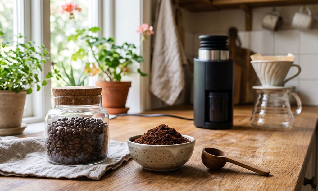 Dose de café moída separada dos grãos que serão conservados inteiros