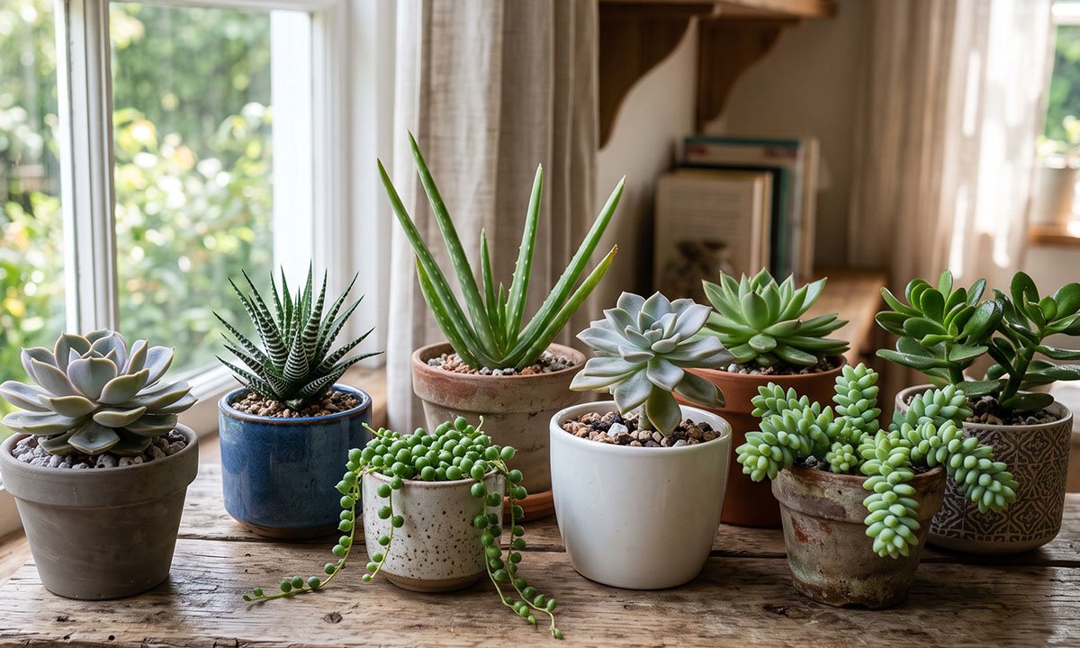 Diferentes tipos de suculentas cultivadas em vasos próximos a uma janela